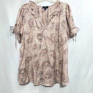 Haver London Womens 1X Soft Shinny Blouse Short Sleeves V Neck Ruffles Boxy